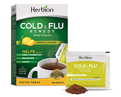 Herbion Naturals Cold & Flu Remedy Herbal Granules with Natural Lemon Flavour, 10 count sachets - Helps Relieve Cough, Chest Congestion, Bronchitis
