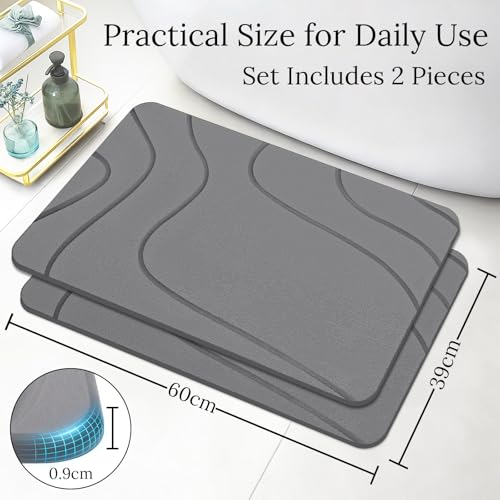 Euqvunn Alfombrilla de Baño de Piedra 60 x 39 cm 2 Unids – Secado Rápido, Antideslizante, Absorbente, Resistente a la Humedad, de Tierra de Diatomeas para Cocina, Bañera y Salida de la Ducha – Gris