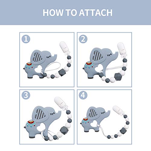 AmazingM Baby Teething Toys,Food Grade Silicone Elephant Teether Toy with Pacifier Clip Holder Set for Newborn Babies,BPA Free,Freezer Safe (Grey)
