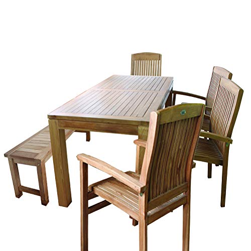 Mojawo XXL Hochwertige Teakholz Sitzgruppe 180x90x75cm Tisch + 4 x Stapelsessel Teak + 1 x Sitzbank Balkon Terrasse…