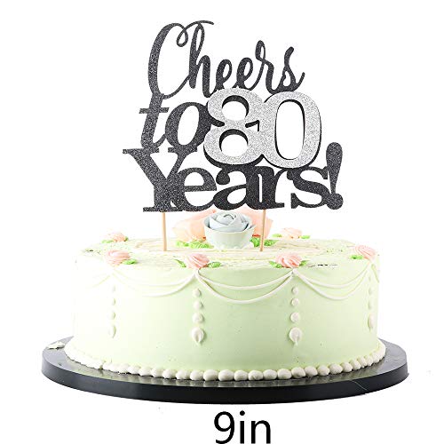 LVEUD Black English, Silver Numbers Cheers to 80 Years Happy Birthday Cake Topper -Wedding,Anniversary,Birthday Party Decorations (80th)