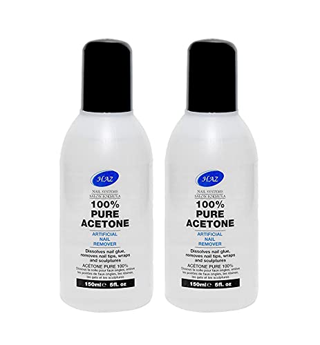 HAZ 100% Pure Acetone, 150ml 2 Pack Nail Polish Remover, UV/LED Gel Soak Off, Removes Gel Polish, Acrylics, Nail Tip & Glue, Fibreglass Extensions, Salon Professional Super Strength Formula