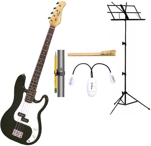 It's All About the Bass Pack-Black Kay Electric Bass Guitar Medium Scale w/Black Music Stand and Music Stand Accessory Pack