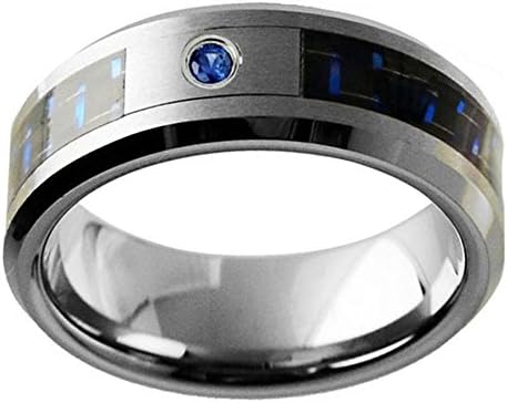 8mm Beveled Edge 0.04 ct Blue Sapphire Solitaire Black &amp; Blue Carbon Fiber Inlay Tungsten Carbide Wedding Band - Size 8