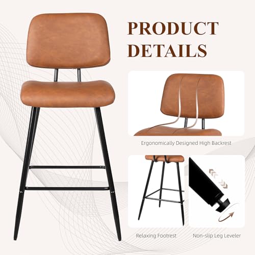 Nusetx 26 Inch Counter Height Bar Stools Set of 2, Modern Faux Leather Kitchen Island Chairs with Back and Metal Leg, Upholstered BarStools, Brown