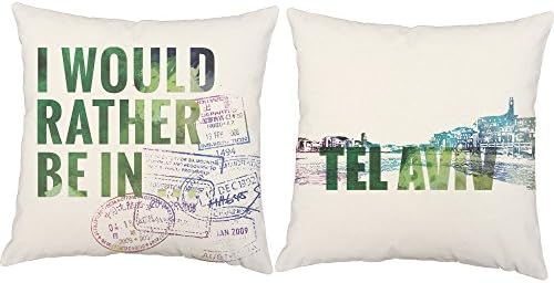 Set of 2 RoomCraft I'd Rather Be In Tel Aviv Throw Pillow Covers 16x16 Square White Indoor-Outdoor Travel Destination Shams