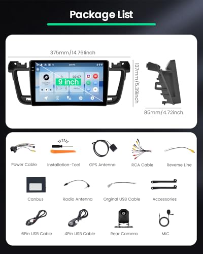 Roinvou 4G+128G Android 15 Car Radio for Peugeot 508 2011-2018 Wireless Carplay Android Auto, 9'' Incell Touch Screen Radio with Mirror Link GPS Bluetooth FM RDS WiFi EQ SWC Backup Camera