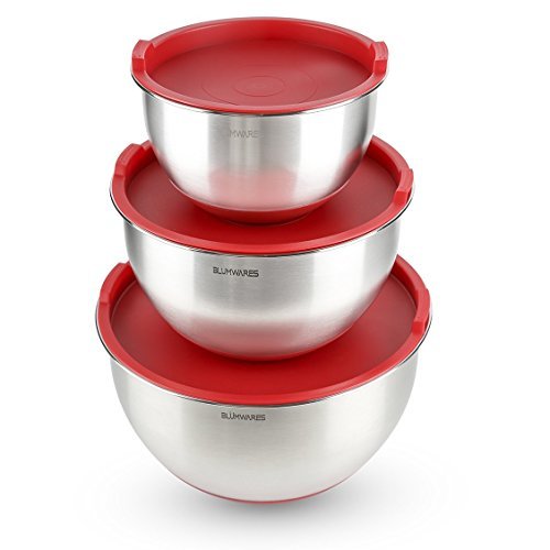 Stainless Steel Mixing Bowls with Lids & Non-Skid Rubber Grip Bottoms Set of 3. By: BlÃ¼mwares