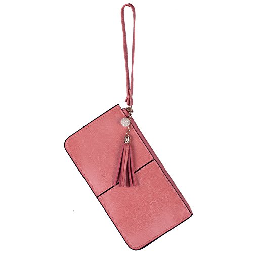 Lovena Soft Leather Wristlet Smartphone Zipper Wallet Tassel Wristlet (Light Carmine Pink) - Thumbnail 7