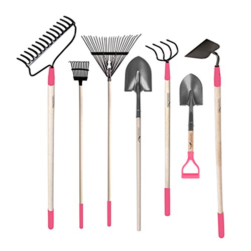 GardenAll 7-Piece Landscape & Garden Tool Set with Bow Rake Digging Shovel Hoe Cultivator Spring Rake Bush Rake with Pink Protection Cap for Women