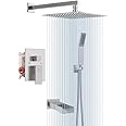 SR SUN RISE Bathroom Luxury Rain Mixer Shower Tub Spout Combo Set Wall Mounted 12 Inches Rainfall Shower Head System Brushed