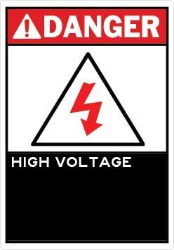 DANGER HIGH VOLTAGE - ELECTRIC SHOCK OSHA mini stickers. Four stickers to a package. 1"x 2" vinyl material. Adheres easily to walls, doors, metal, posts, and buildings.