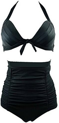 Retro Vintage Halter High-Waisted Bikini Polka Floral Swimsuit Black 3XLarge