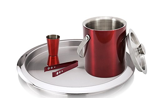 King International 100% Stainless Steel Red Bar Set of 4 Pieces | Bar Tools | Bar Accessories Set of 4 Pieces | Ice Bucket | Tong | Peg Measure and Bar Tray - Ideal for Party Get Together and Gifting