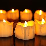 Youngerbaby 12pcs Amber Flicker LED Tea Lights Wax Dripped Battery Operated Candle Unscented Small Led Flameless Candles with Timer -6hr On-18 Hr Off for Christmas Wedding (12pcs Flickering Yellow)