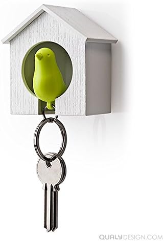 Qualy Sparrow Bird House Nest Whistle Key Holder Chain Ring Keyholder Keychain Keyring Hanger Rack (White House (Green)