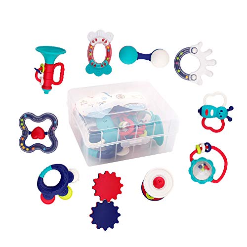 WISHTIME Rattle Teether Baby Toys - Baby 10pcs Shake and GRAP Baby Hand Development Rattle Toys for Newborn Infant with Giant Bottle Gift for 3 6 9 12 18Month