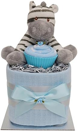 Boys Zebra Cupcake Mini Square Nappy Cake Blue Silver New Baby Shower Maternity Gift