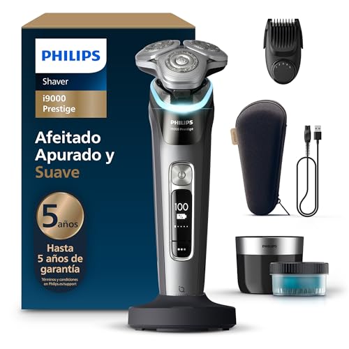 Philips i9000 Prestige, Afeitadora Eléctrica Hombre, Máquina de Afeitar Barba en Seco y Mojado, Tecnología SkinIQ, Base de Carga, Recargable, Estuche, Centro de limpieza, Recortador, XP9202/33