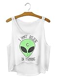 Women Fashion Emoticons Alien Print White Sleeveless Crop Top