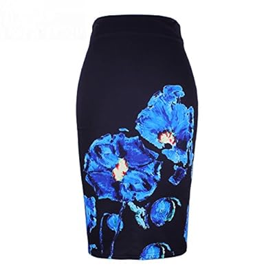 KennsGations Blue Flower Print Women Pencil Skirts Lady Midis Female Black Faldas Girls Slim Bottoms M-XXL