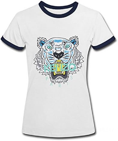 DHSVXBBBB Womens Ringer Scoop Neck T-shirts Kenzo Logo 2016 White/Navy Blue Size S