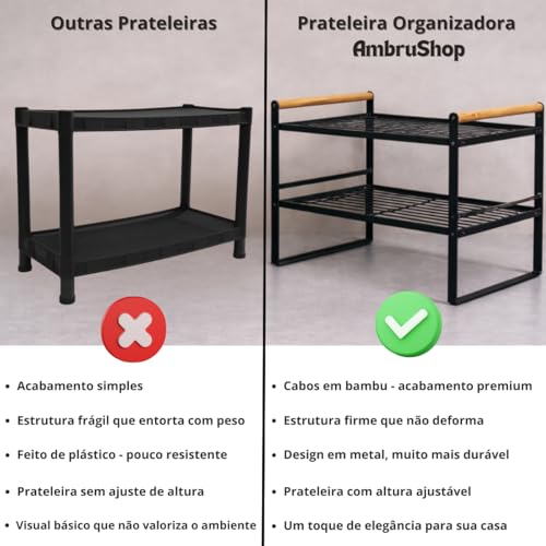 Prateleira Organizadora de Cozinha 2 Andares 33x33x20cm | Organizador de Armário Aramado em Metal Resistente com Cabo de Madeira Antiferrugem para Louças e Utensílios (Preto)