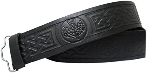 REAL HANDMADE MENS LEATHER SCOTTISH THISTLE EMBOSSED BELT VELCRO FIT FOR KILT