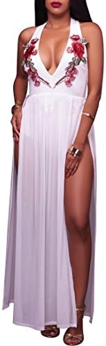 Synen Women's Sleeveless Deep V-Neck Floral Embroidery Romper Cocktail Party Maxi Dress (XL, White)