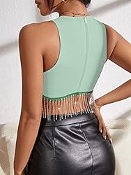 Milumia Women Rhinestone Fringe Zip Back Sleeveless
