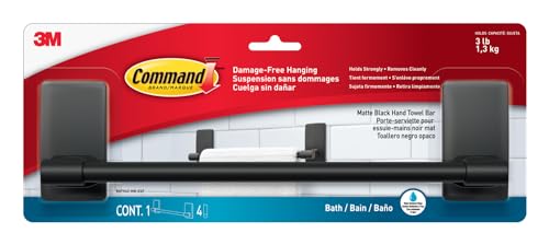 Command Hand Towel Bar, Matte Black and 4 Water-Resistant Strips