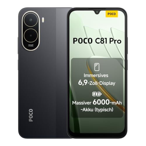 Poco C81 Pro Smartphone, 4 GB + 128 GB, Handy, 6000 mAh Akku, 120 Hz Bildschirm, 6,9 Zoll Display, 13 MP AI-Doppelkamera, schwarz, zusätzliche 1 Jahr Garantie