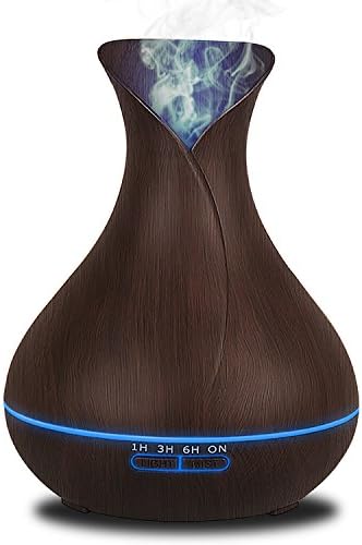 400ml Aromatherapy Essential Oil Diffuser, Ultrasonic Cool Mist Humidifier with Wood Grain Design Waterless Auto Shut-off, 7 color LED lights for Office, Room, Spa (Black)