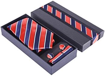 Multicolored Necktie, Cufflicks and Hanky Gift Set (Red with Blue White Stripes)