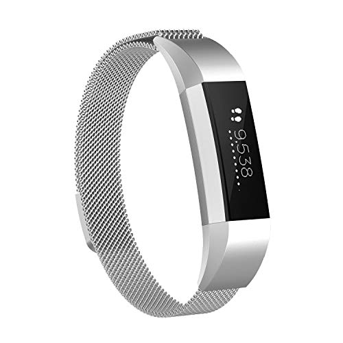 Bewish Milanese Loop Stainless Steel Watch Band Bracelet for Fitbit Alta/Alta HR Magnet Clasp Lock Adjustable Replacement Watch Strap (L, Silver)