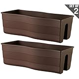 â€œRidge Railâ€ Long Rectangular Flower Pot, Plant Window Box- Indoor/Outdoor Hanging Rail Planter â€“ Patio, Deck, Balcony, Garden 2 Pack (Brown)