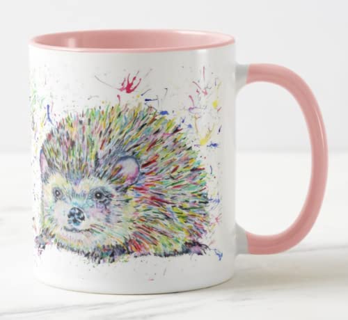 Vixar Hedgehog Watercolour Rainbow Art Wildlife Coloured Mug Cup, Gift, Birthday, Work, Office, Christmas Tea Coffee (Pink)