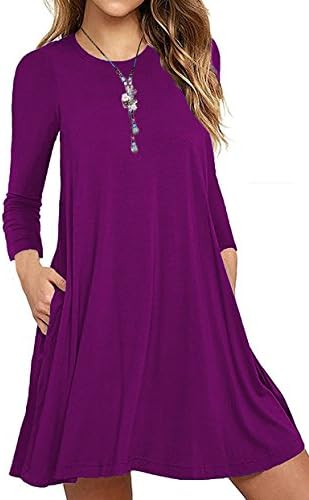 Yibye Womens Comfy Swing Tunic Long Sleeve Pocket Solid T-Shirt Dress (S, Purple)