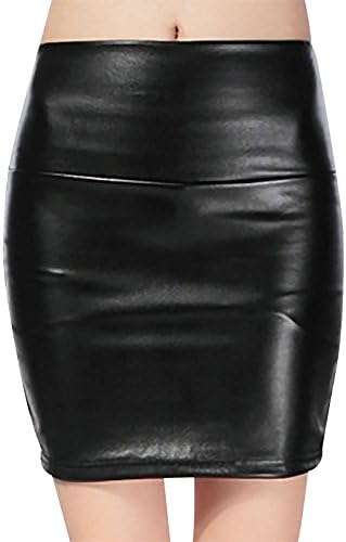 Women's Classic Pencil Skirt Stretch High Waiste Faux Leather Bodycon Package Hip Skirt for Spring and Autumn - Black