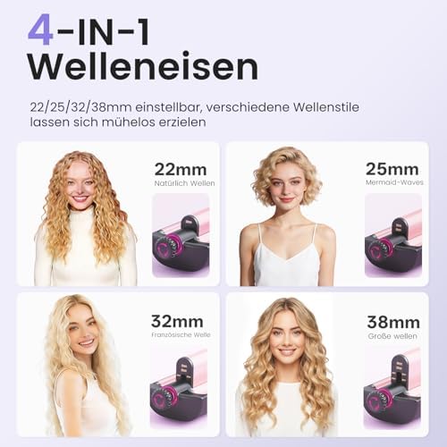 4 In 1 Einstellbar Welleneisen für Haare, Beach Waves Lockenstab, Rose Gold