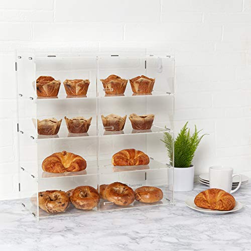 FOXCROSS Acrylic Display 4 Tier Case for Pastries Cakes Cupcakes Donuts - Crystal Clear - Bakery Essentials - Strong Support - Restaurant Grade - Coffee Shop Display - Counter top Cookie Display