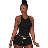 OVERMAL Women 2 Piece Set Sleeveless Split Casual Short Pants Casual Outfit Sportswear (L, Black)