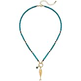 FAUTHENTICUTE Chunky Gold Fish Pendant Necklace For Women Long Silk Scarf Turquoise Strand Necklace With Fish Pendants Boho Beach Shell Statement Necklaces