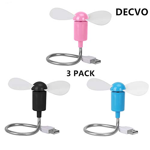 DECVO Mini Mobile USB Powered Cooling Fan Flexible Goose Neck Air Blower for Desktop PC Computer Laptop Notebook Tablet 3 Pack (Pink/Black/Blue)