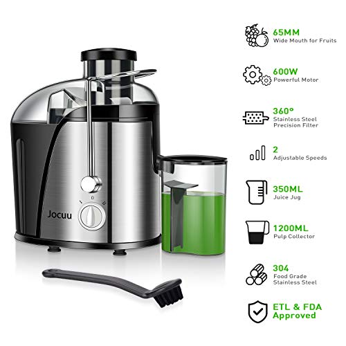 Jocuu Juicer Machine, Centrifugal Juicer Juice Extractor Wide Feed Chute Easy to clean, 2 Speed 600W Power, Food Grade 304 Stainless Steel BPA-Free Dishwasher Safe