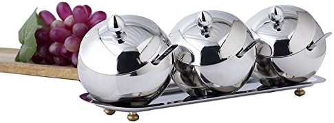 Quberas Set of 3 Stainless Steel Multi-Purpose Condiments Server Pots - Cream and Sugar Canister, Dip Bowls Set with Lids, Spoons &amp; Tray - Home and Kitchen - Barware - Serveware - Summer Offer!