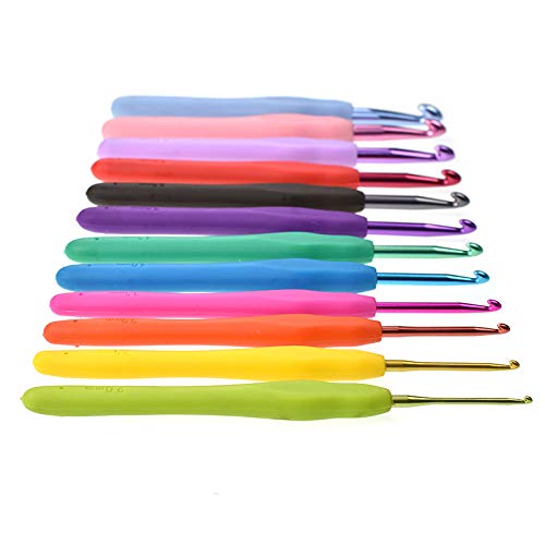 KOKNIT 12pcs Rainbow Color Ergonomic Soft Handles Grip Aluminum Crochet Hooks Set Smooth Knitting Needle 2.0mm-8.0mm for Arthritic Hands Any Size Yarn Pattern