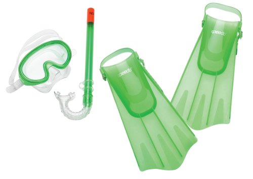 Speedo Kids' Aqua Quest Mask/Snorkel/Fin Set, Glow Green, Small/Medium