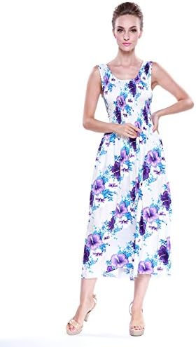 Tropical Group Women's Hawaiian Maxi Tank Elastic Luau Dress White Purple Cluster
