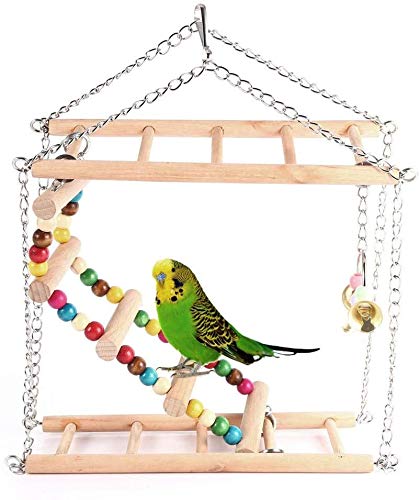Pet Hanging Wooden Suspension Bridge Ladder Steps Stairs Climbing Swing Double-Layer Toys for Small Birds Decorative Accessories for Parrot Parakeet Cockatiel Hamster